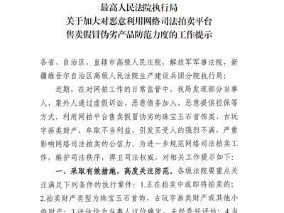 关于加大对恶意利用网络司法拍卖平台 售卖假冒伪劣产品防范力度的工作提示